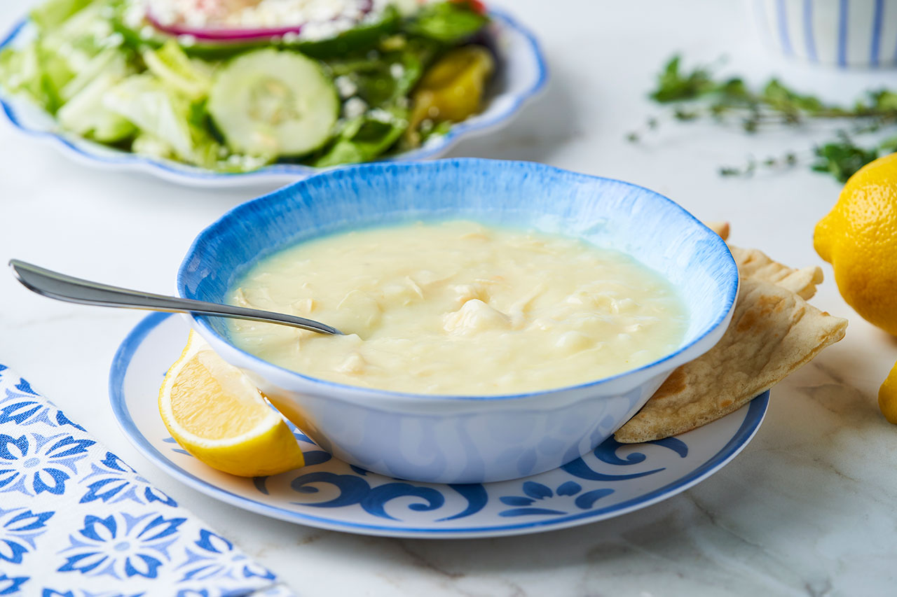 Bowl of Homemade Chicken Lemon Rice Soup (Avgolemono)